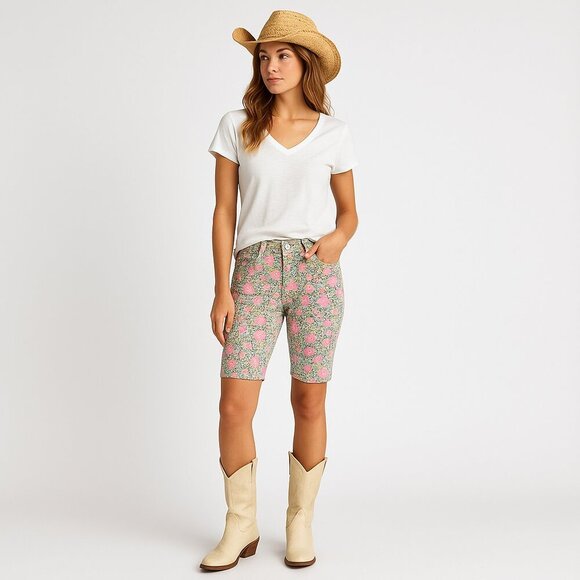 Miss Me Bermuda Shorts Stretch Denim Rhinestone Y2K Western 25 Floral Leopard - Picture 14 of 17